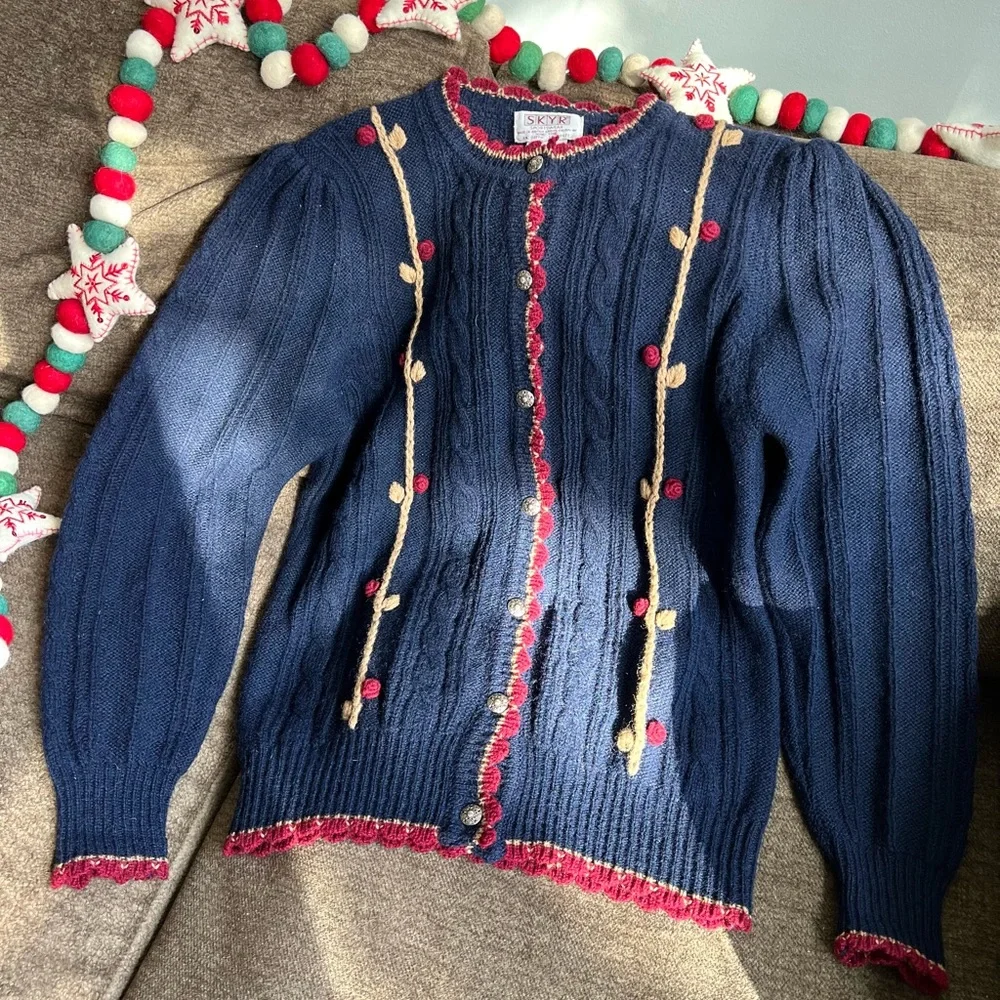 Vintage 100% Shetland wool navy embroidered cardigan sweater - Picture 1 of 8